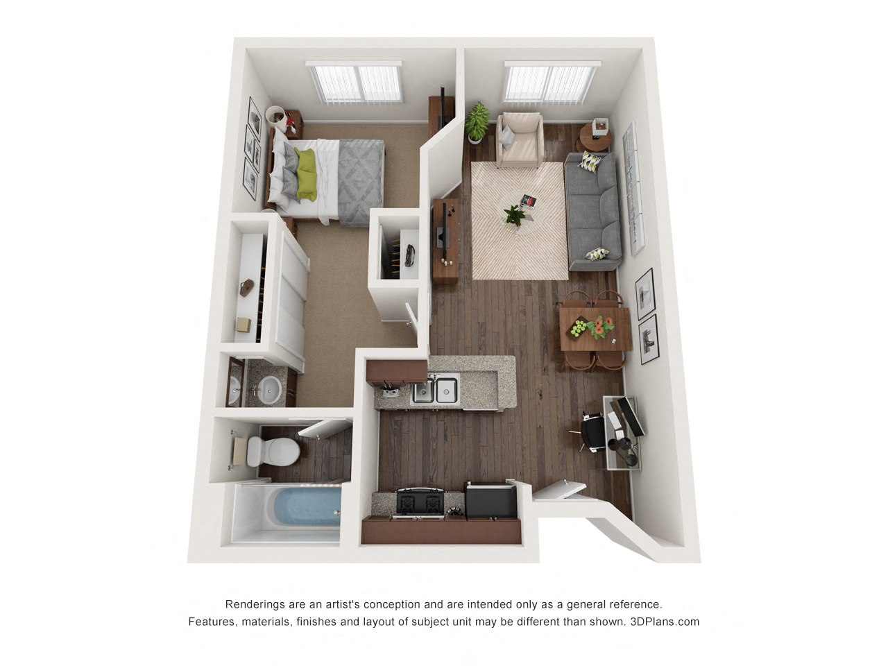 Floor plan for 1 bed, 1 bath, 509 sqft